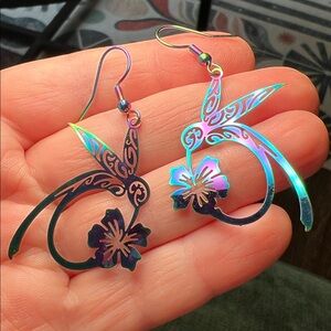 Iridescent Lightweight Niobium Style Hummingbird Flower Dangle Earrings